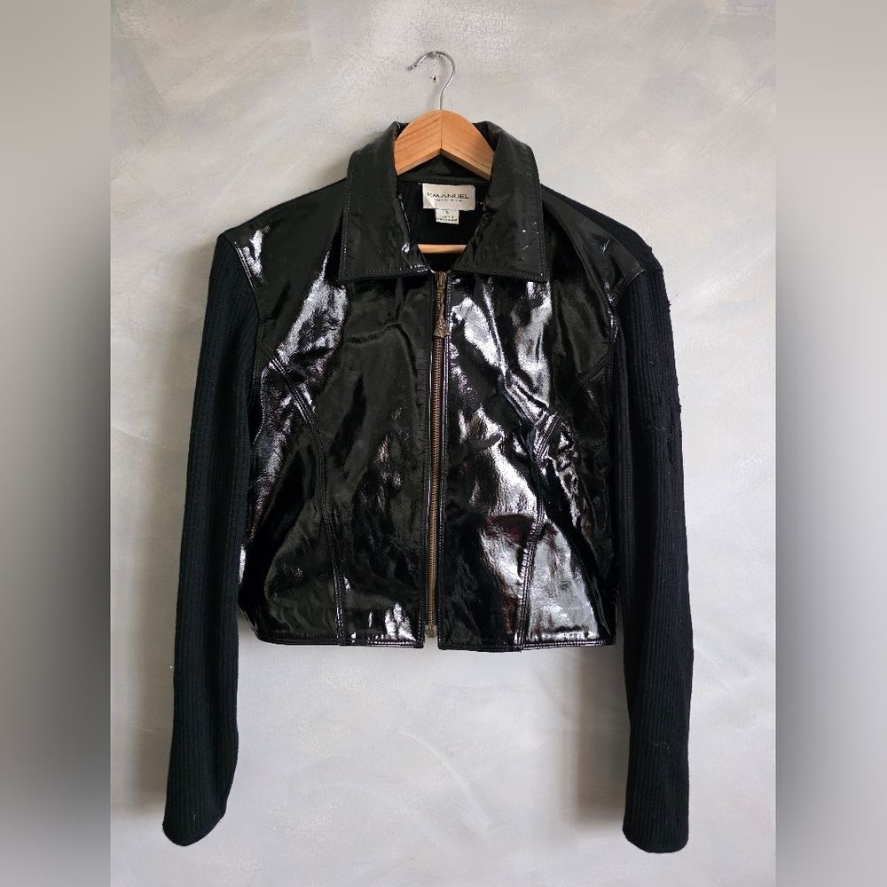 Emanuel Ungaro Black Crop Mixed Patent Leather Knit Sleeve Distressed Jacket L